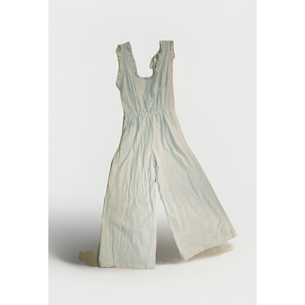 Women's XL Wide Leg Light Blue Chambray Jumpsuit Sleeveless Tie Back Ruffle Det.